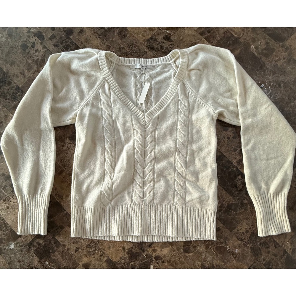Madewell NY444 Merino Wool Cable Knit Puff Sleeve V-Neck Sweater Ivory Cream M